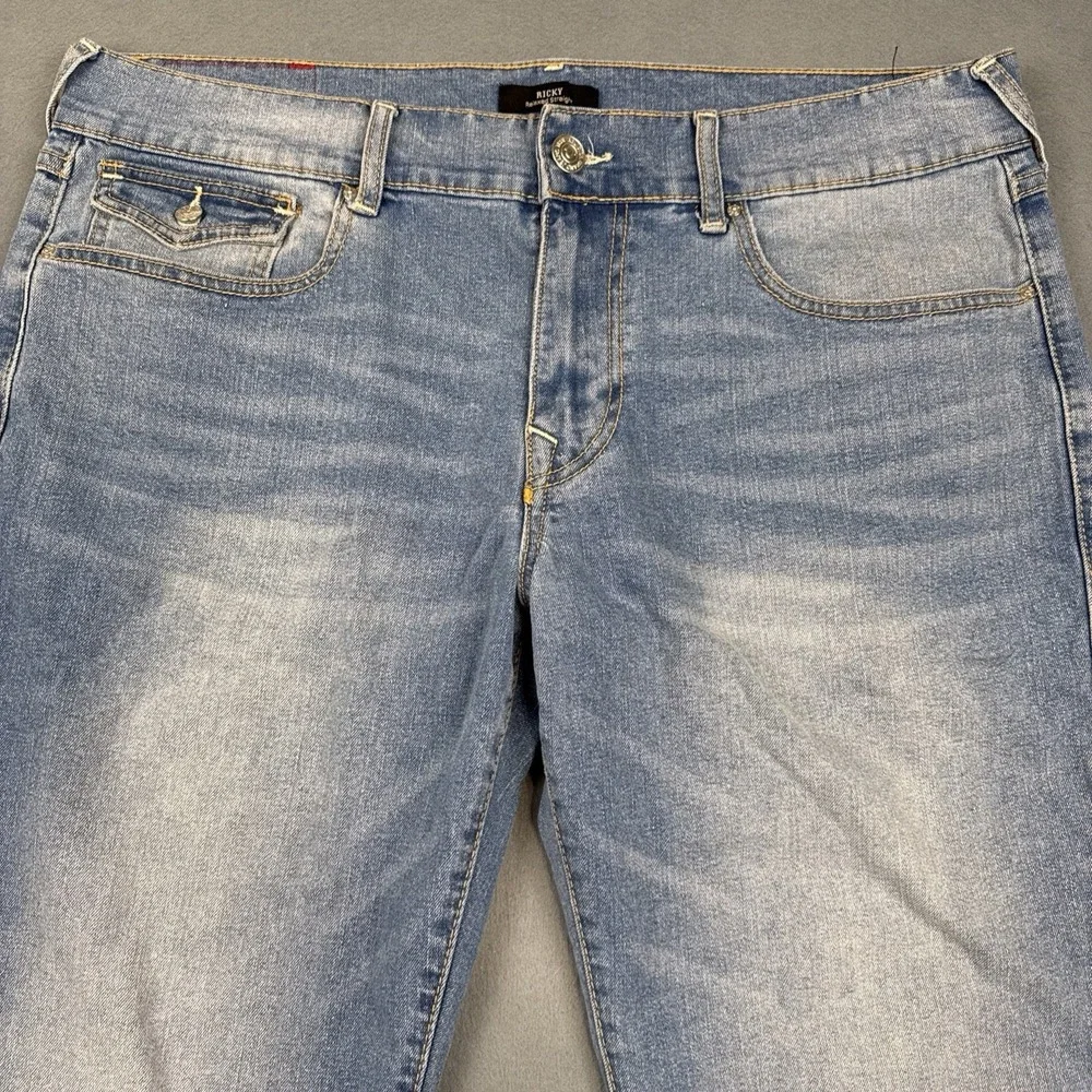 True Religion Jeans Mens 36  Ricky Relaxed Straight Blue  Flap HEM DAMAGE